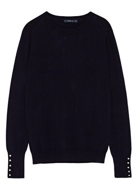 Zara Navy Crew Neck Sweater with Pearl Cuff